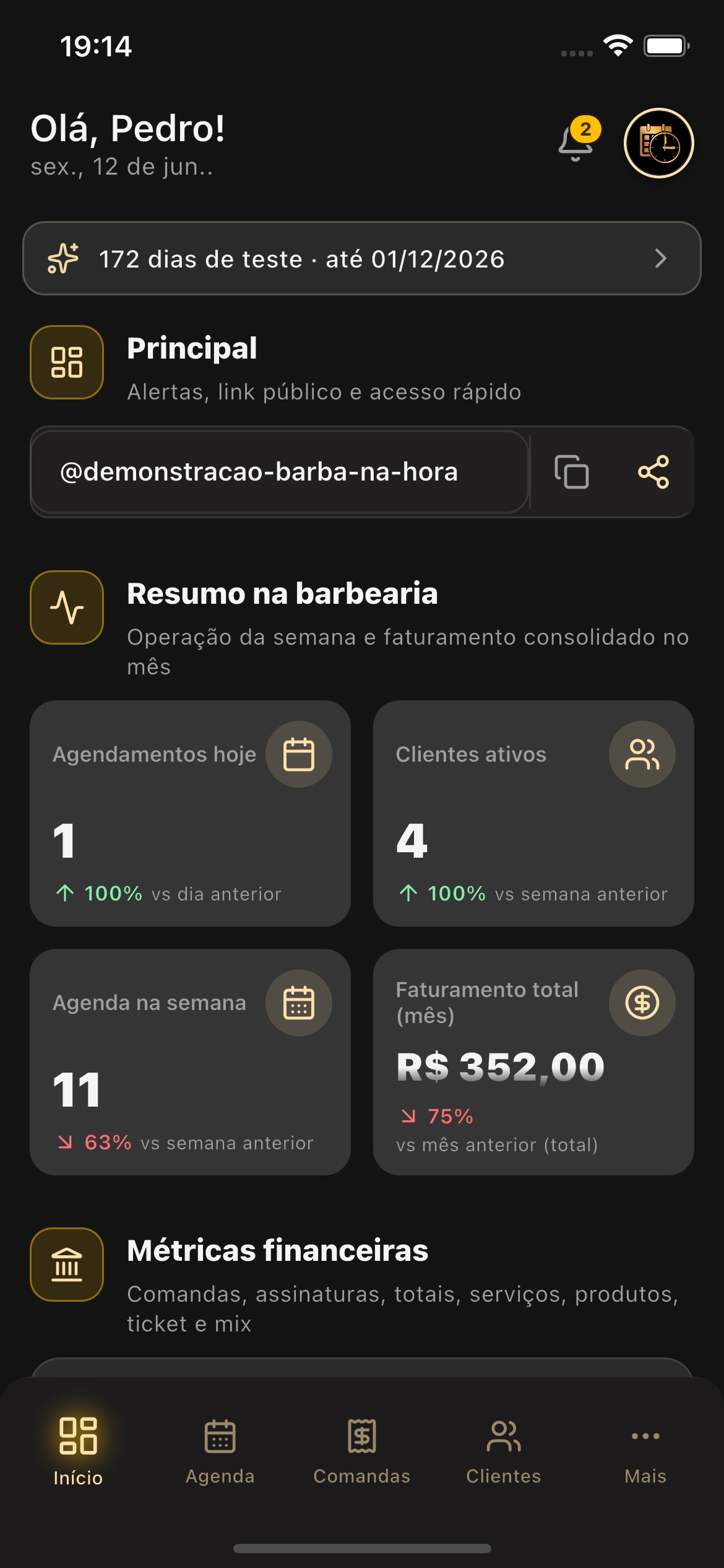 Tela do sistema Barba na Hora - Dashboard