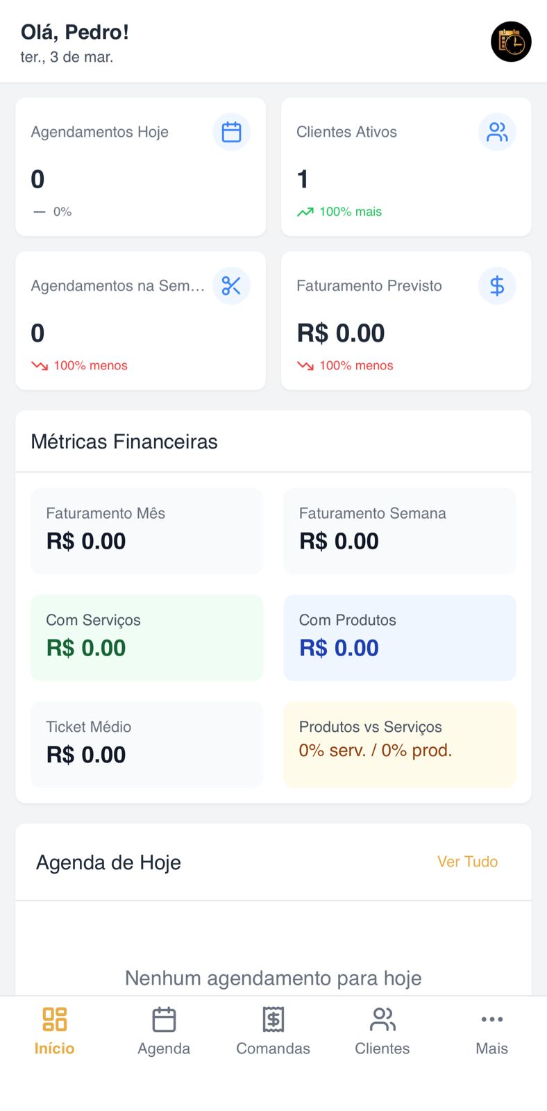 Tela do sistema Barba na Hora - Dashboard