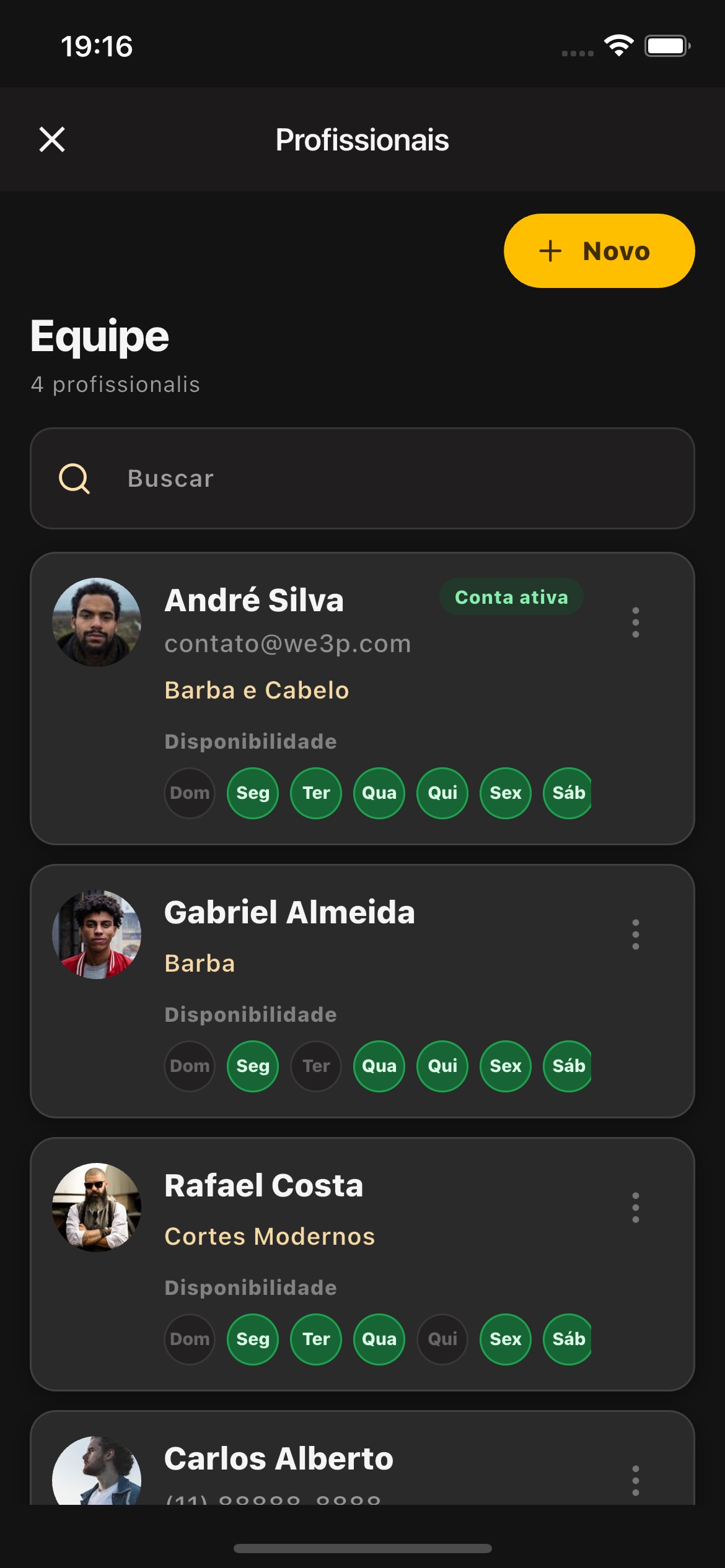 Tela do sistema Barba na Hora - Professionals